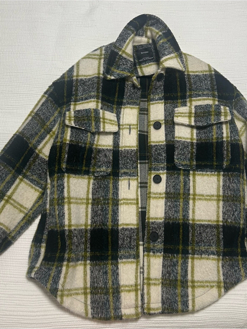 Bershka Plaid Shacket in Olive, Navy & Cream